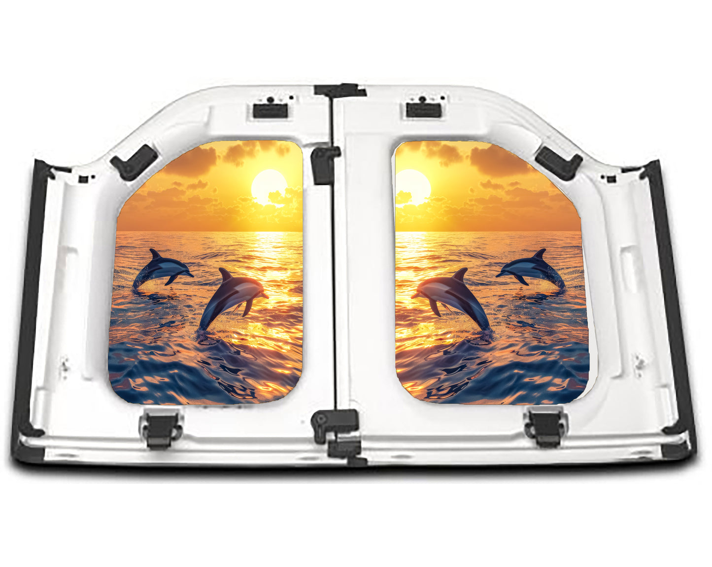 Dolphins jump into the sunset